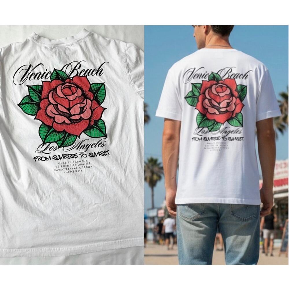 H&M Venice Beach LA Rose Graphic Tee White Large